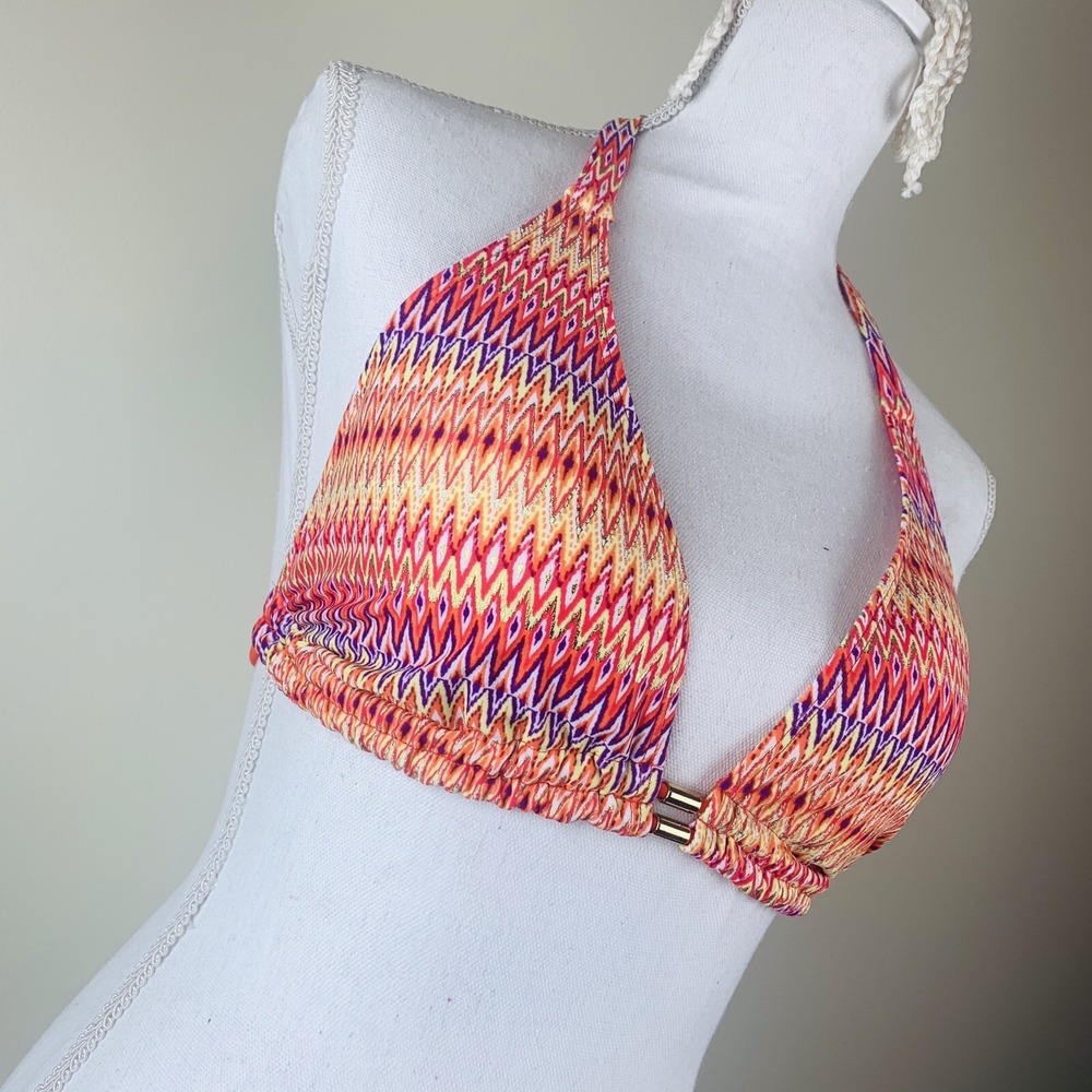 Dorina Womens Geometric Ikat Triangle Bikini Top Orange Gold Swimsuit Large